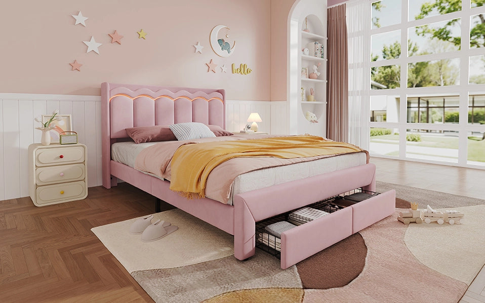 Letto imbottito per bambini 140x200 cm rosa con 2 cassetti, testata ondulata e illuminazione LED controllata via app