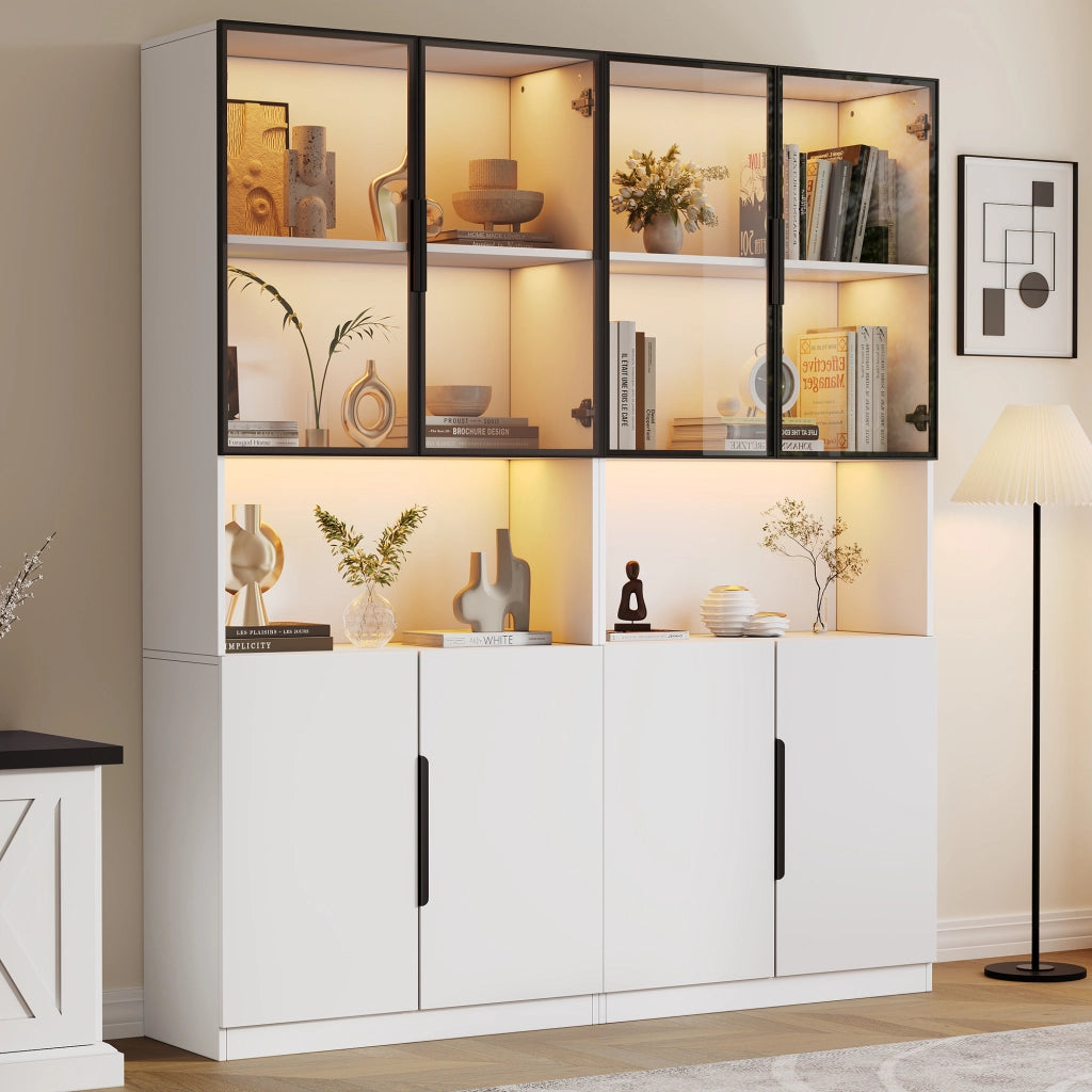 Vetrina con ante in vetro e LED controllata da app in pannello truciolare bianco con vetro temperato 160 × 30 × 200 cm