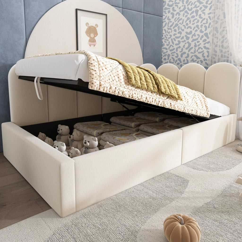 Letto da giorno 90x200 cm in velluto beige con contenitore idraulico e rete a doghe in ferro