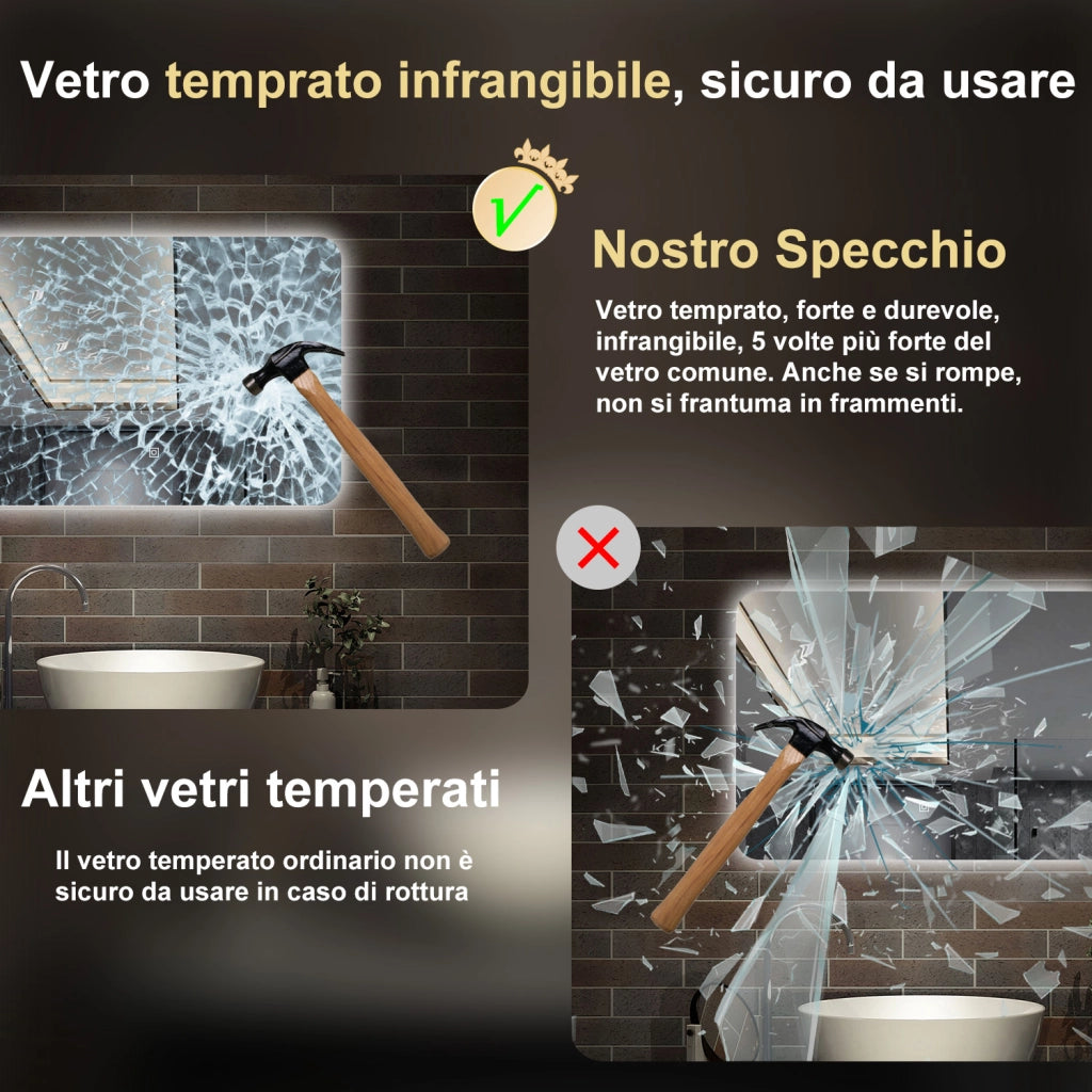 specchio 80 x 60 cm rettangolare con luce led e touch