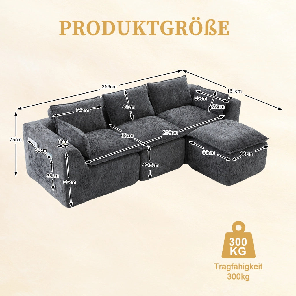Divano modulare a 3 posti in ciniglia grigio scuro con pouf cuscini e tasche laterali 256 × 161 × 75 cm