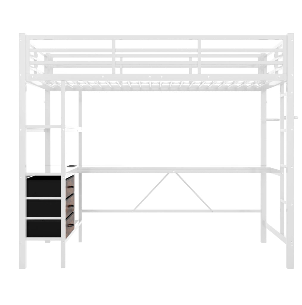 Letto a soppalco 90x200 cm con luce LED, scrivania, prese elettriche e USB, 3 cassetti, mensole, ringhiera e scala, bianco, senza materasso