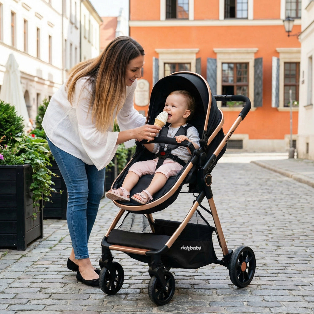 Passeggino 2 in 1 ULEVR reversibile e pieghevole con schienale regolabile, ruote EVA e cappottina, nero antico