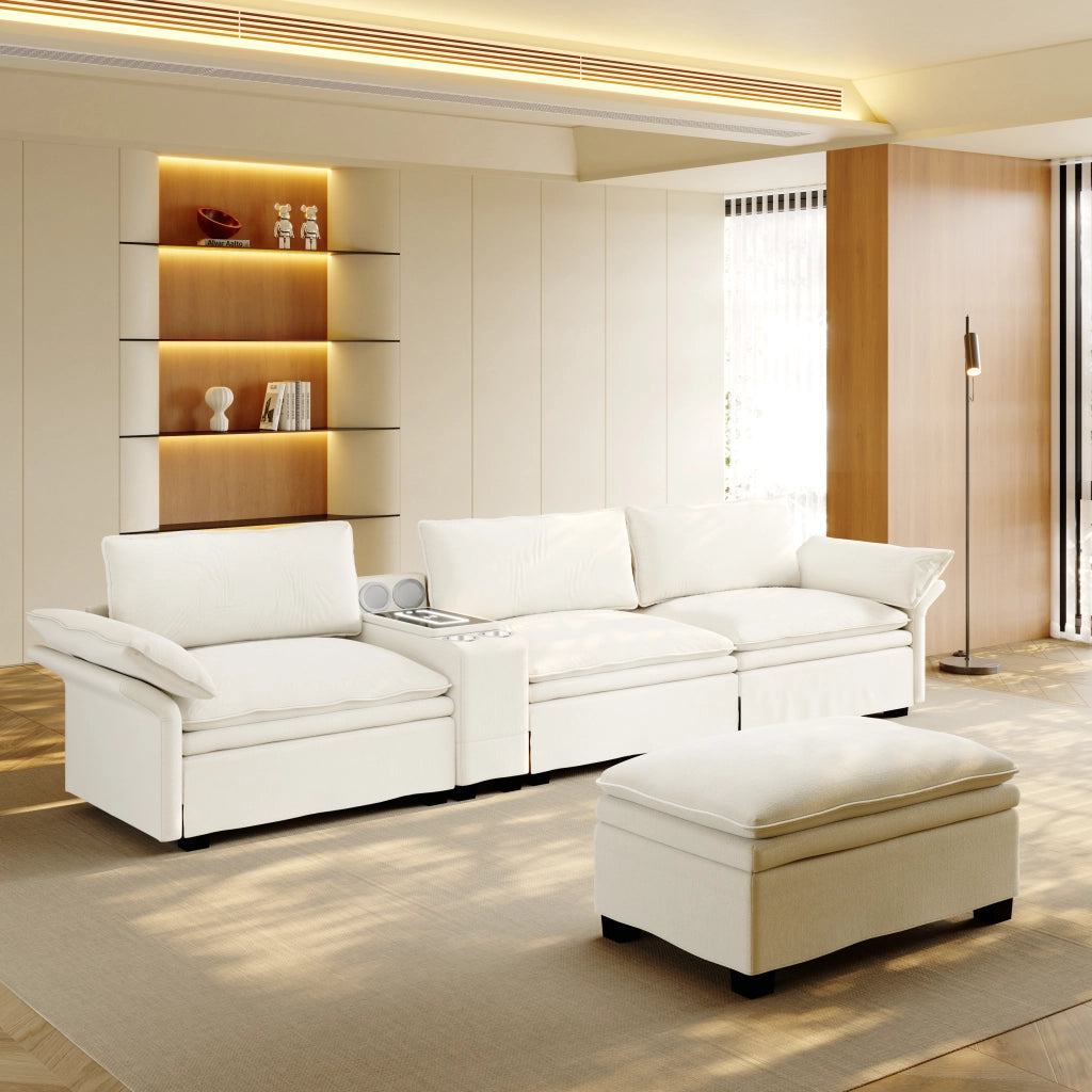 Divano modulare 4 posti - con ricarica wireless; luci e contenitore - chenille - beige