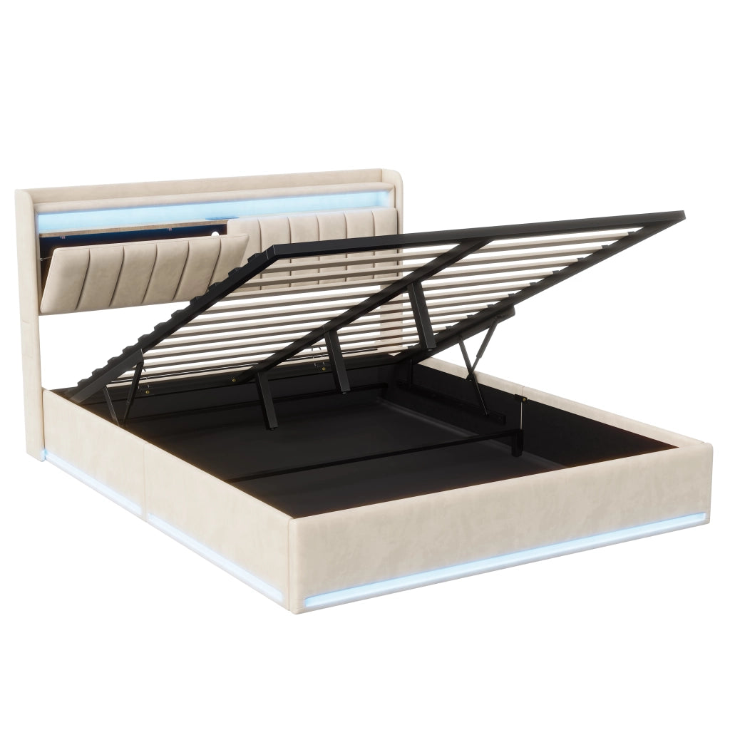 Letto matrimoniale contenitore 160x200 cm imbottito LED USB alzata idraulica testiera letto matrimoniale rete a doghe velluto beige