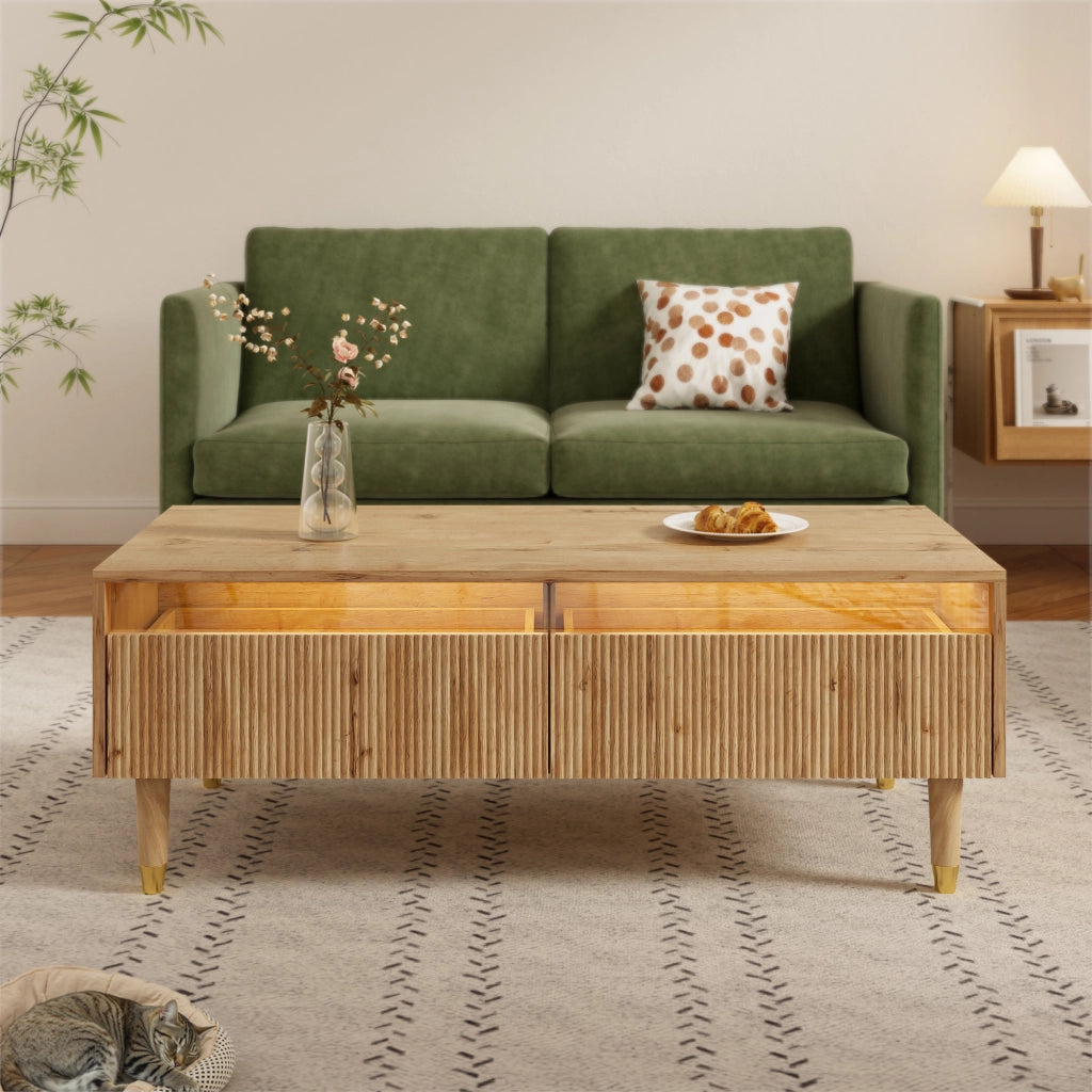 Tavolino da salotto con 2 cassetti e LED colorati, finitura ondulata, per soggiorno, in MDF legno, 110 × 50 × 40 cm