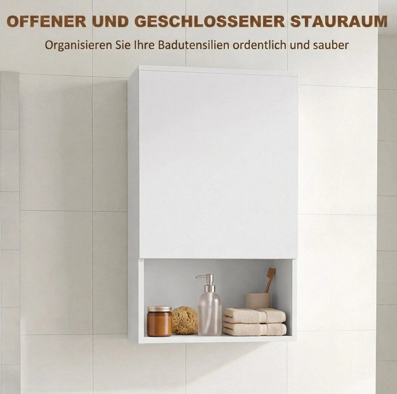Mobile bagno da parete bianco con anta, ripiani regolabili e vano aperto