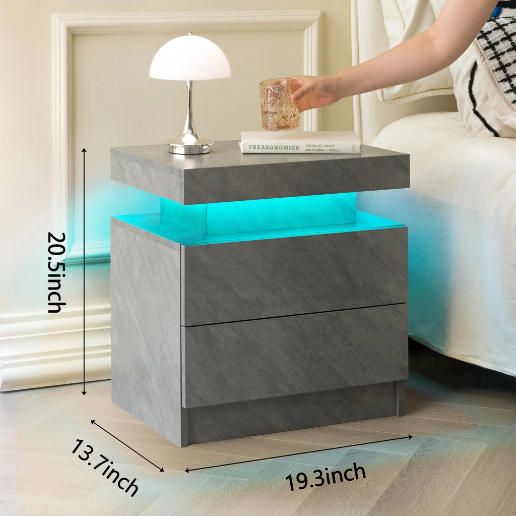 Comodino moderno con luci LED regolabili; 2 cassetti e vano a giorno in truciolare grigio scuro