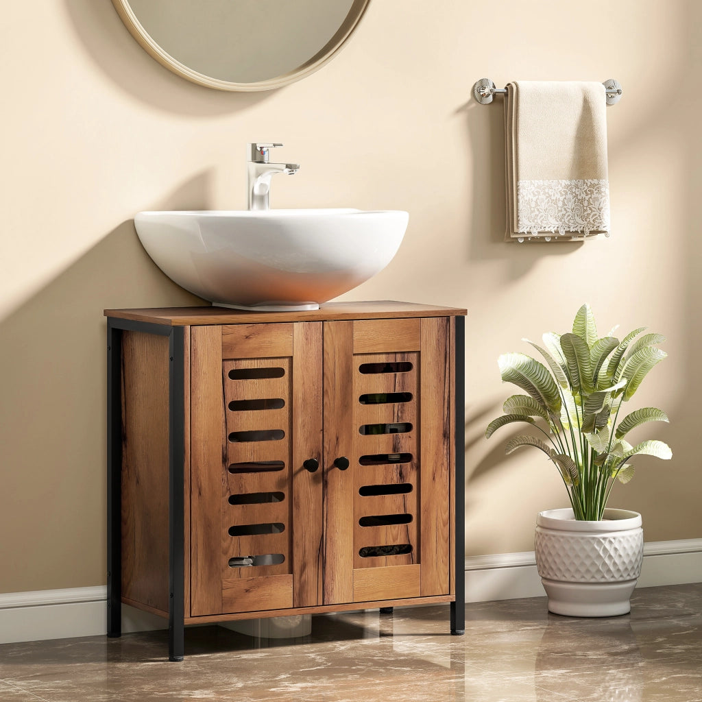 Mobile sottolavabo industrial ¨C Xylo ¨C 2 ante con ripiano regolabile, legno marrone rustico 60x30x60 cm