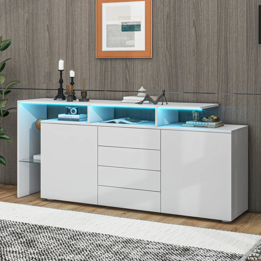 Comò e Sideboard con LED, Mobile Soggiorno Bianco Lucido, Credenza TV, Highboard Multiuso per Sala da Pranzo