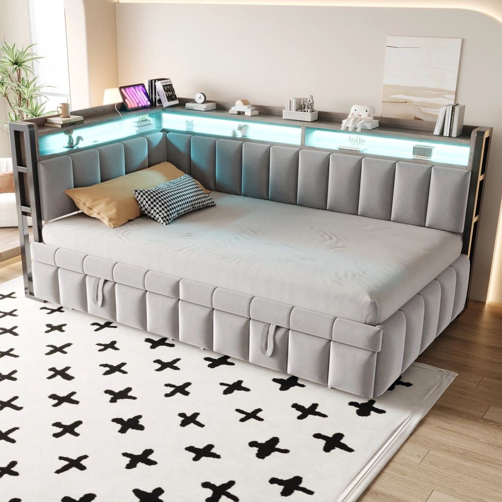 Letto con letto estraibile 90 × 200 cm con secondo letto 90 × 190 cm LED USB e Type-C rivestito in velluto grigio