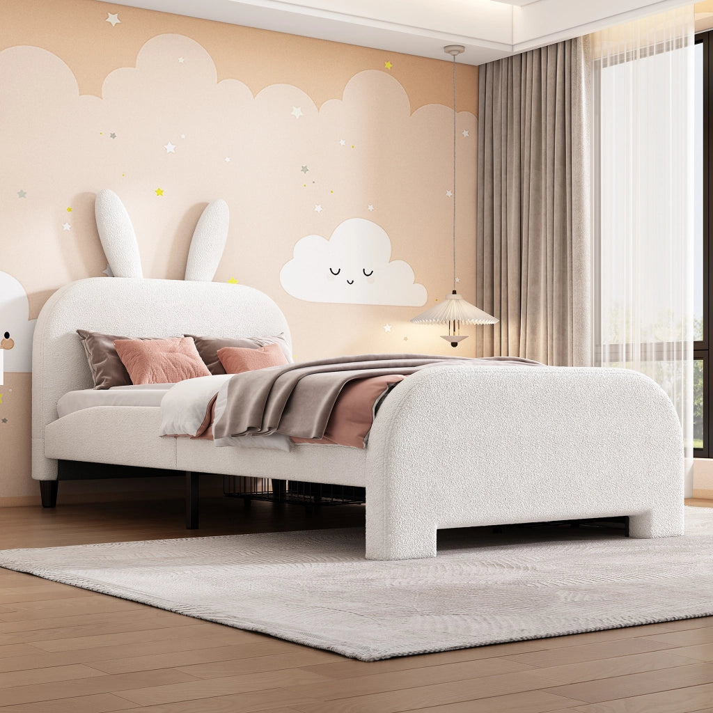 Letto per bambini 90x200 cm a coniglio con 2 cassetti in peluche e MDF bianco
