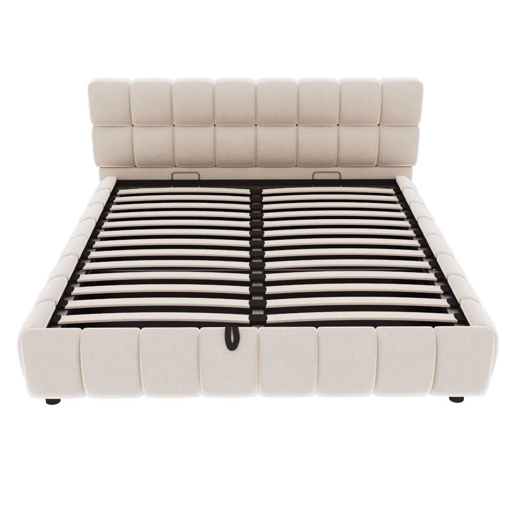 Letto matrimoniale imbottito 140x190 cm in velluto beige con contenitore idraulico
