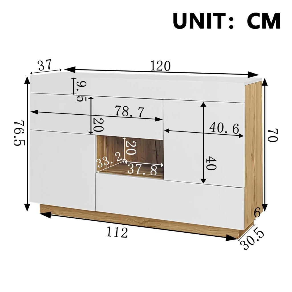 Sideboard vetrina con illuminazione LED a cambio colore e cassetti, finitura lucida