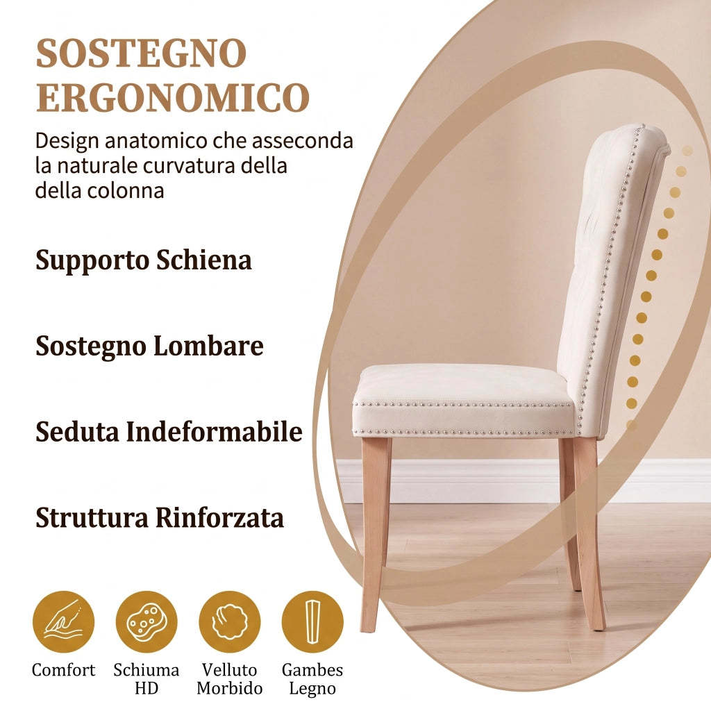 Sedia da sala da pranzo set 2 pezzi con schienale alto ergonomico;47*50*99cm;Legno massello;Velluto;Beige