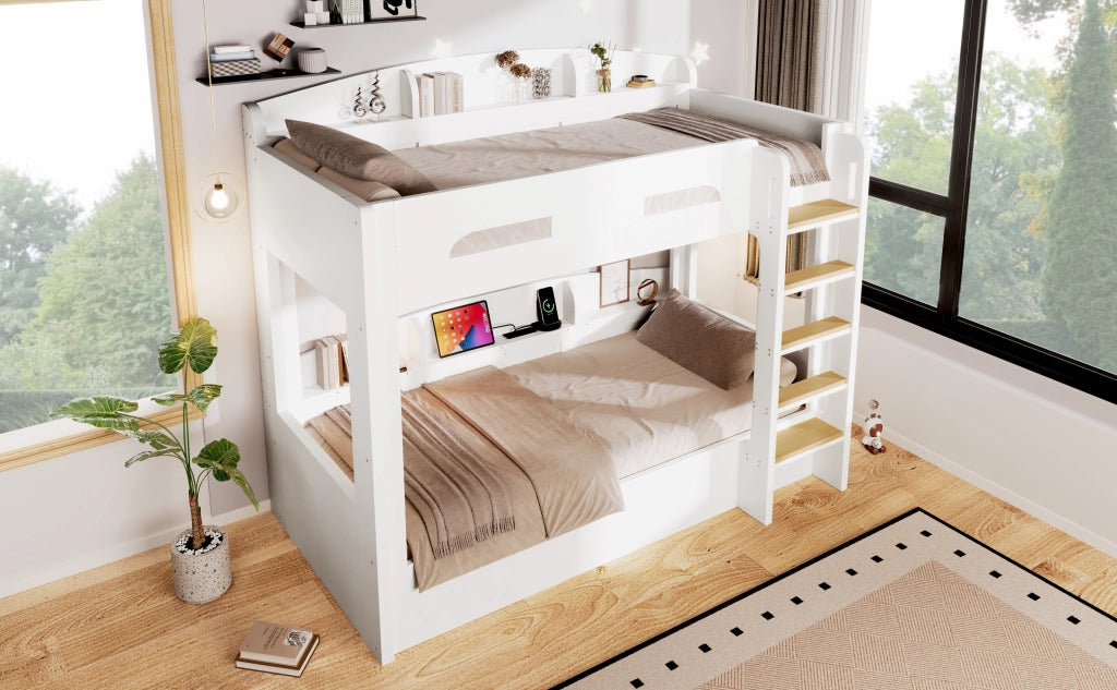 Letto a Soppalco 140x200 cm con USB; Contenitore; Scala e Sponde; Bianco