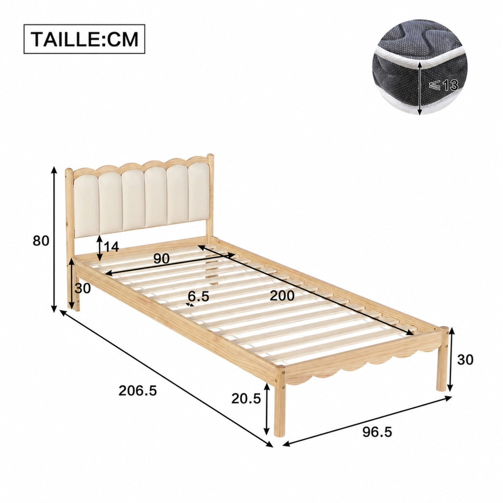 Letto singolo per bambini imbottito 90 × 200 cm con testiera in PU rete a doghe in legno beige e naturale