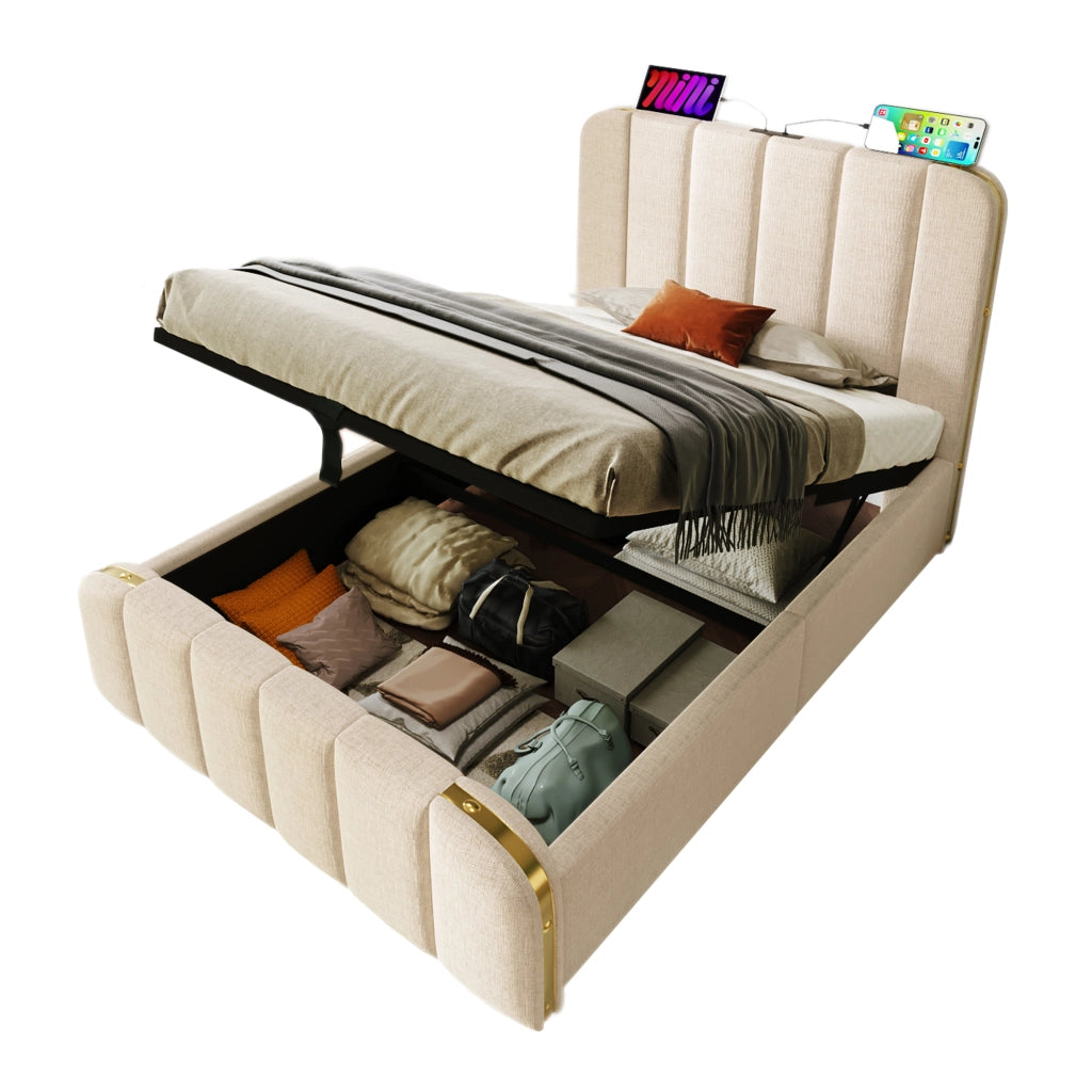 Letto contenitore singolo 90 × 200 cm con USB; Type-C e testiera imbottita; senza materasso; rivestito in lino beige