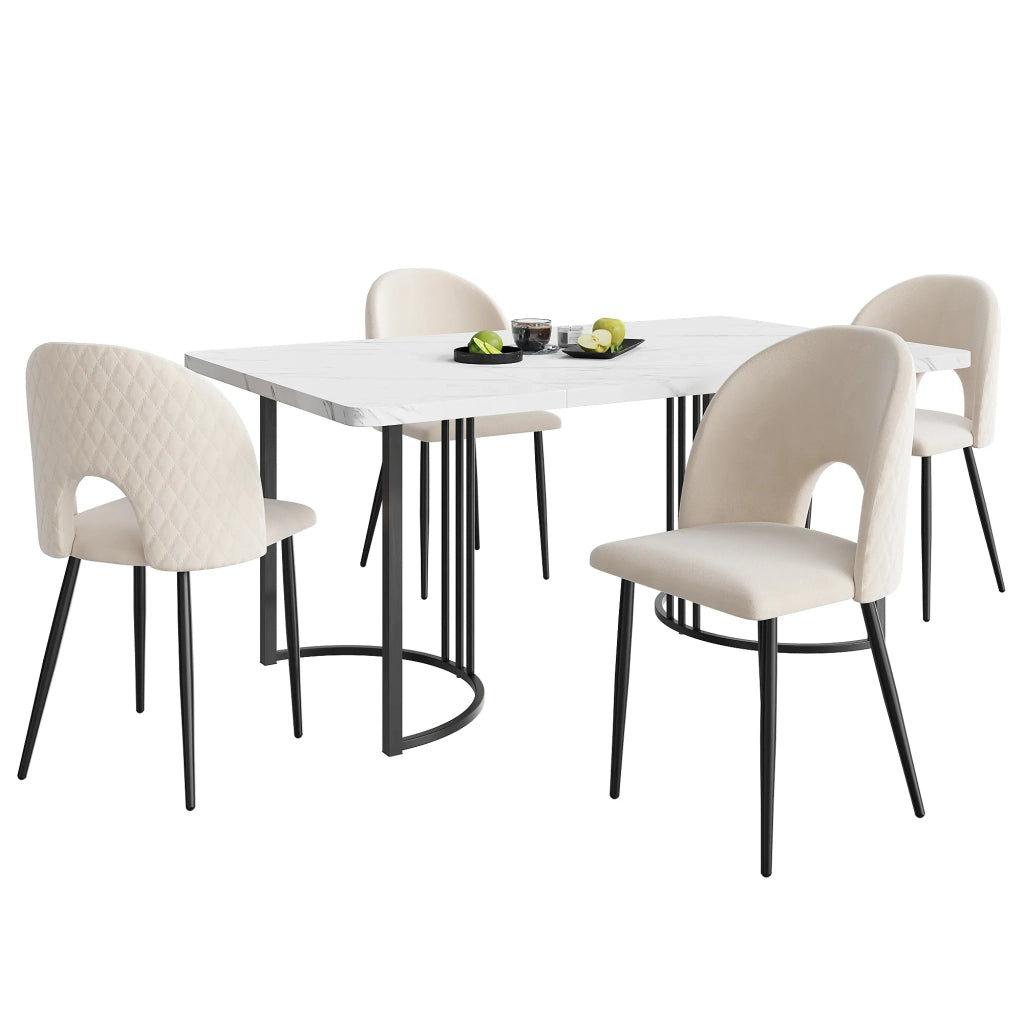 Set da pranzo moderno: tavolo 140x80 cm con piano in MDF bianco e gambe nere, 4 sedie in velluto beige con motivo a diamante e gambe regolabili