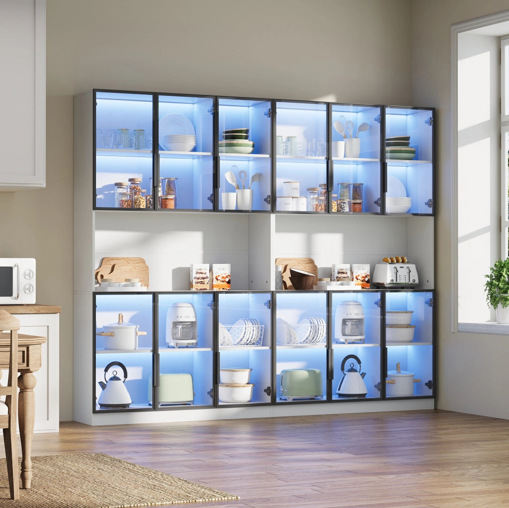 Vetrina bianca in MDF con 12 ante in vetro, illuminazione LED controllabile via app, 240x34x200 cm