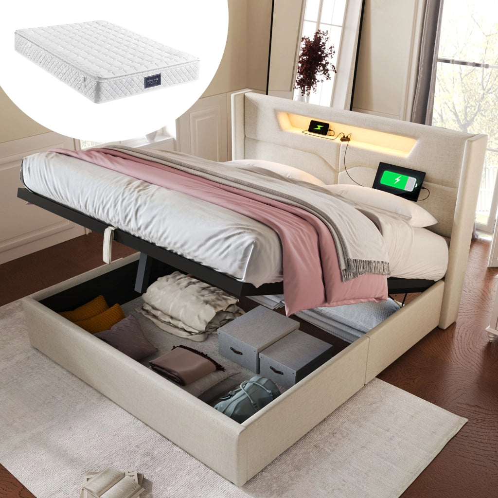 Letto matrimoniale imbottito LED 140x200 cm con ricarica USB Type-C, illuminazione LED, contenitore, rete a doghe, lino (Con materasso)