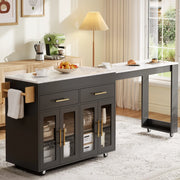 Tavolo alto da cucina estraibile con mobili contenitore; ripiani regolabili; ruote e freni in MDF nero 132.5–217 × 50 × 93 cm