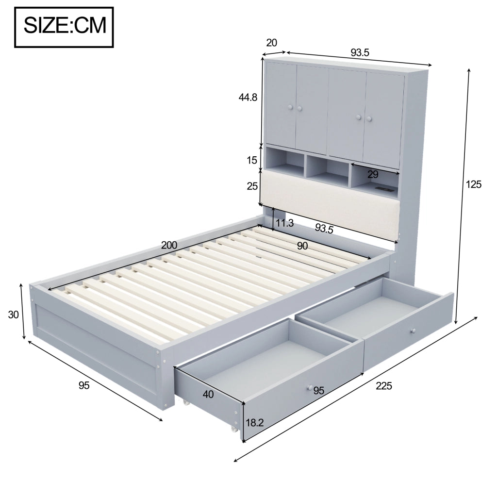Letto singolo 90 × 200 cm con contenitore testiera imbottita luci led e presa in legno grigio