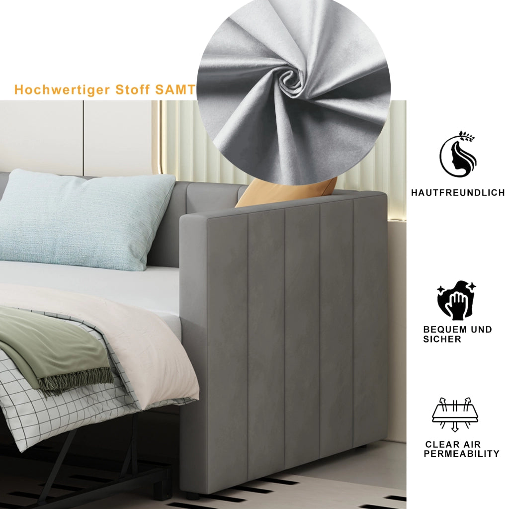 Letto estraibile singolo 90×200 cm e 180×200 cm con rete; schienale e braccioli; senza materasso; grigio