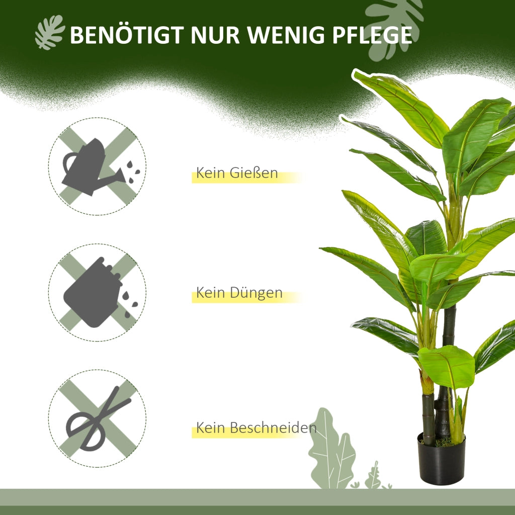 Pianta artificiale di banano 150 cm con 18 foglie vaso nero con erba e base in cemento per interni ed esterni