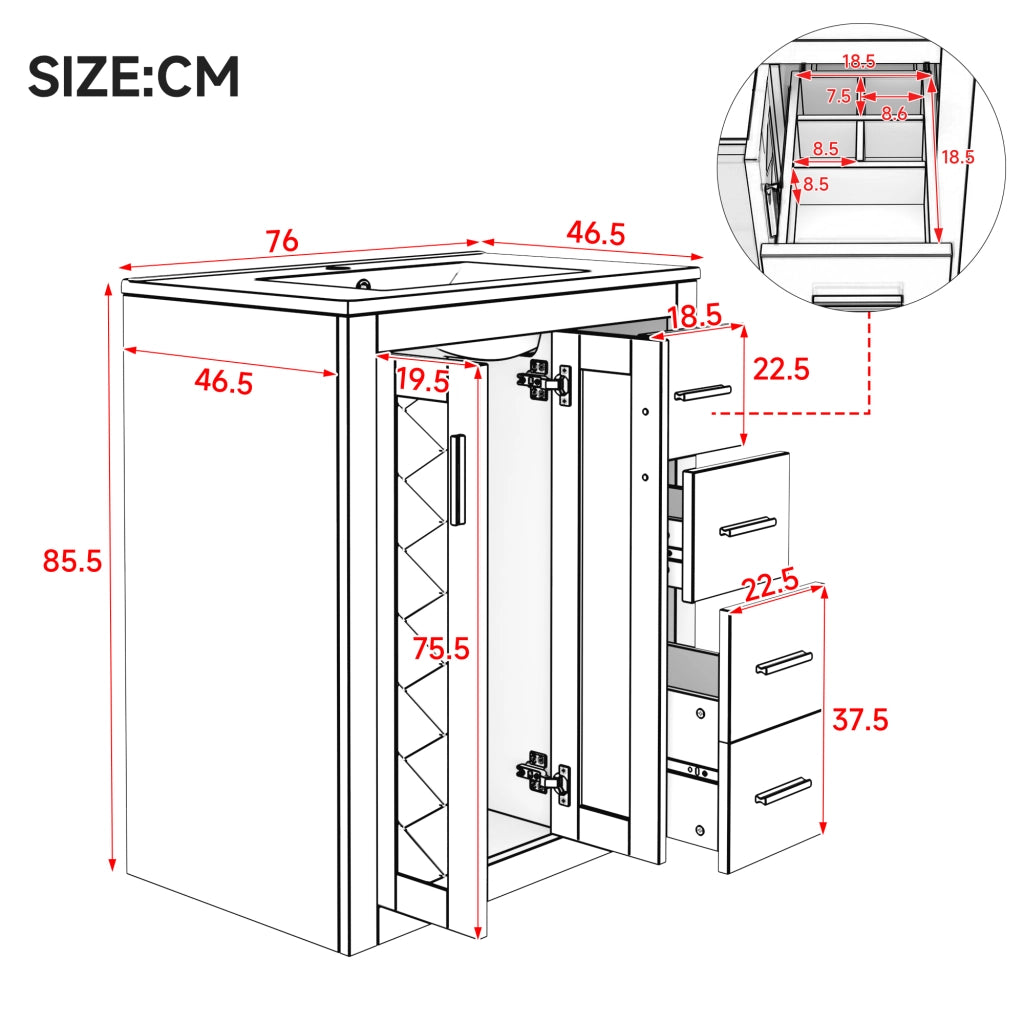 Mobile da bagno a terra con lavabo integrato 3 cassetti e 2 ante in MDF nero con superficie laccata 76 × 46.5 × 85.5 cm