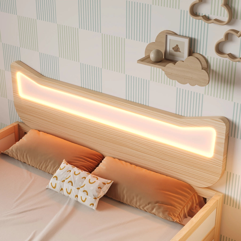 Letto per bambini 140×200 cm 1 posto con LED; cassetto e vano contenitore; senza materasso; bianco e rovere