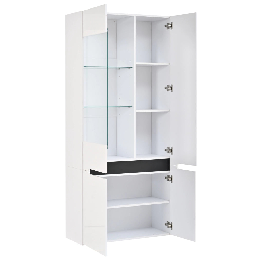 Vetrina bianca con LED, 4 ante in MDF e vetro temperato, 80×35×180 cm per soggiorno e sala da pranzo
