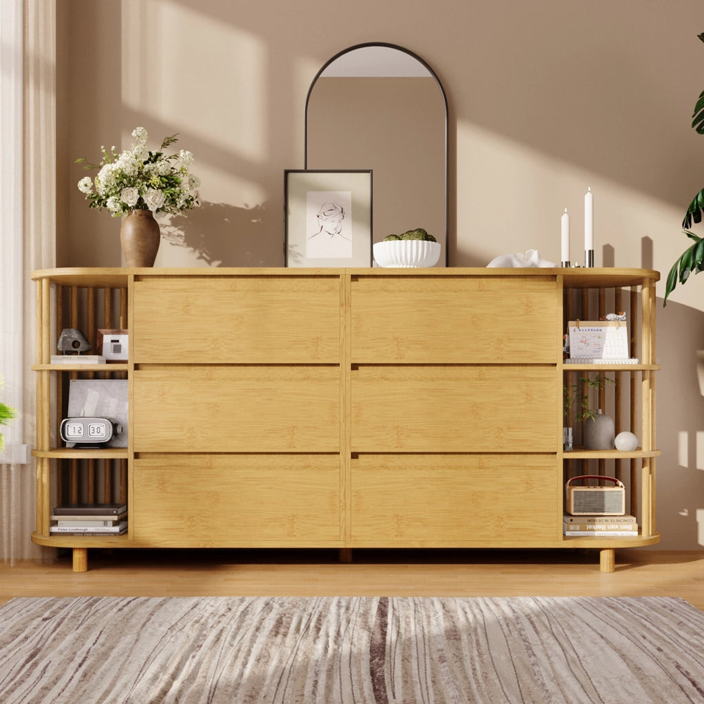 Credenza con 6 cassetti e ripiani in bambù stile romano rétro in MDF e bambù color rovere 160 × 40 × 75 cm