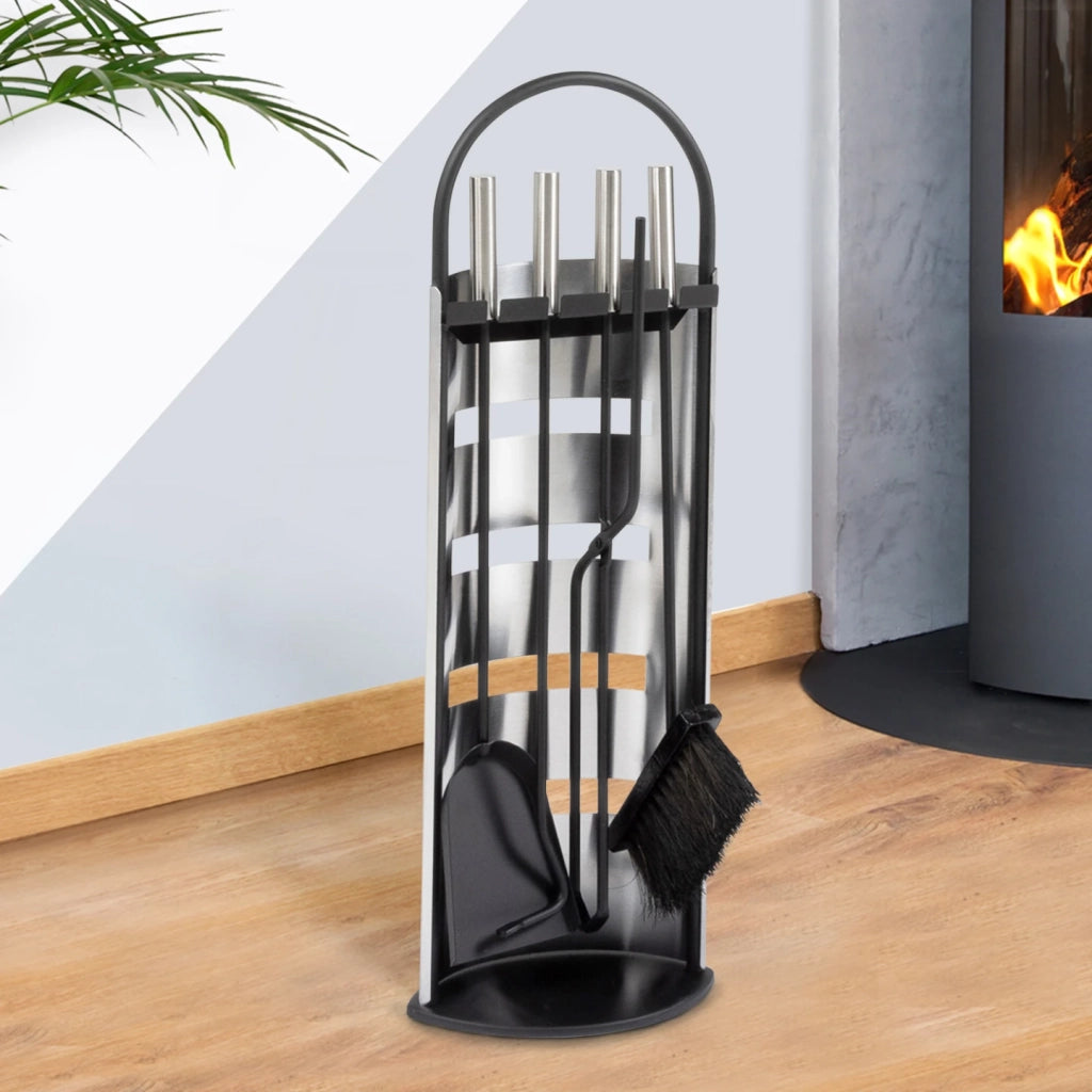 IDMarket - Set attrezzi per camino, set di 5 accessori per camino in acciaio inox e nero