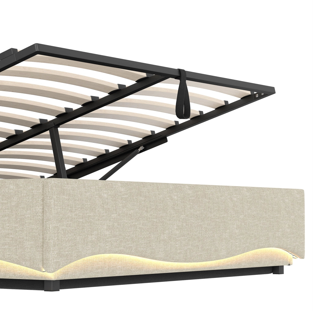 Letto contenitore 140 × 200 cm con LED; porte USB e Type-C; rivestito in lino beige con vano idraulico