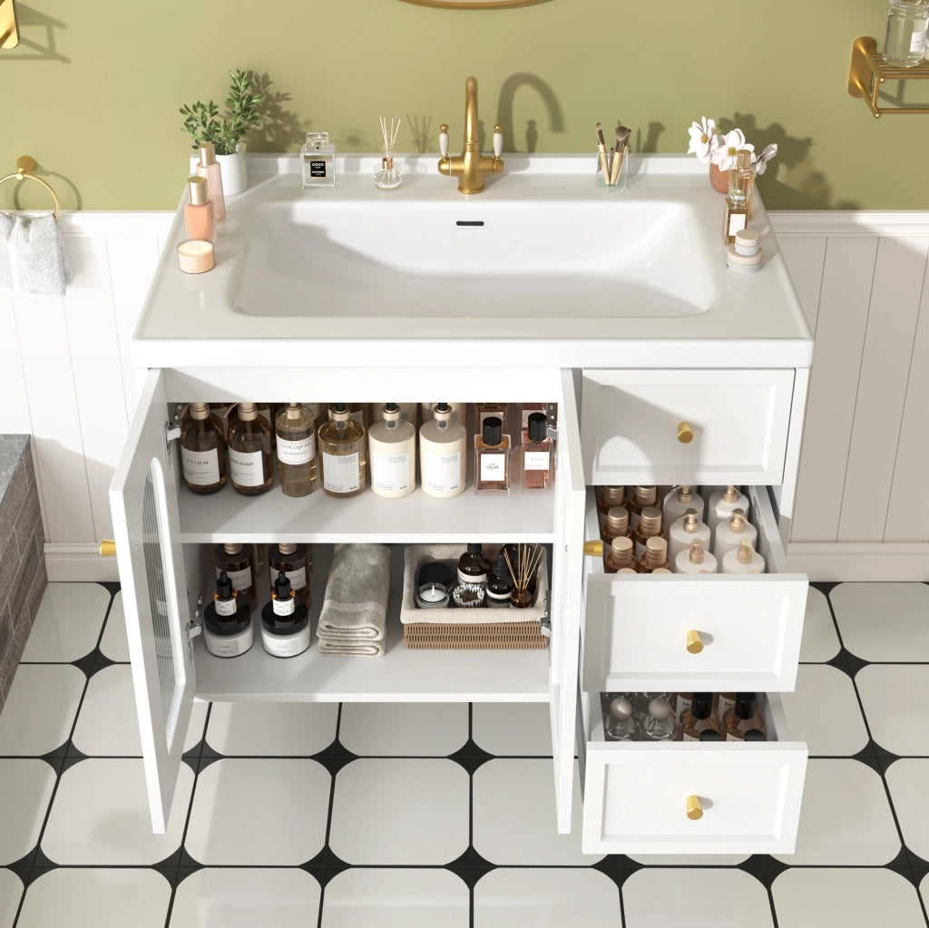 Mobile bagno sospeso bianco con lavabo in ceramica e 2 cassetti
