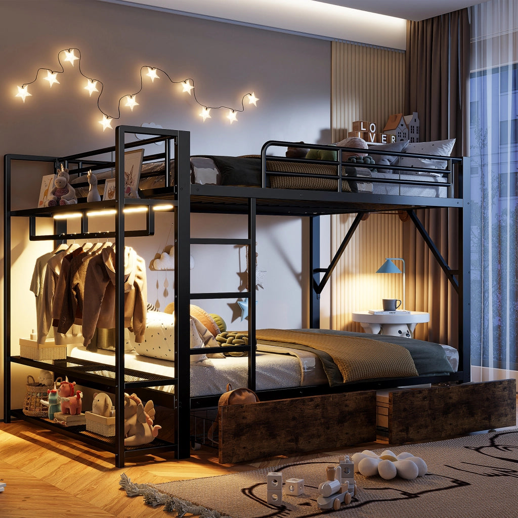 Letto a castello 140 x 200 cm con 2 cassetti e luce LED, struttura in metallo e MDF, nero