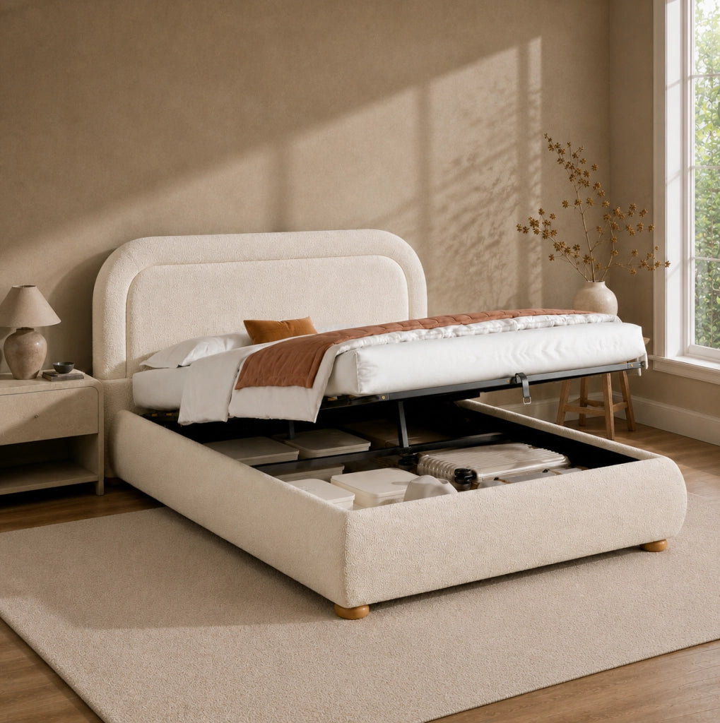 Letto matrimoniale contenitore 140x200 cm in bouclé beige con rete a doghe HOMVRA