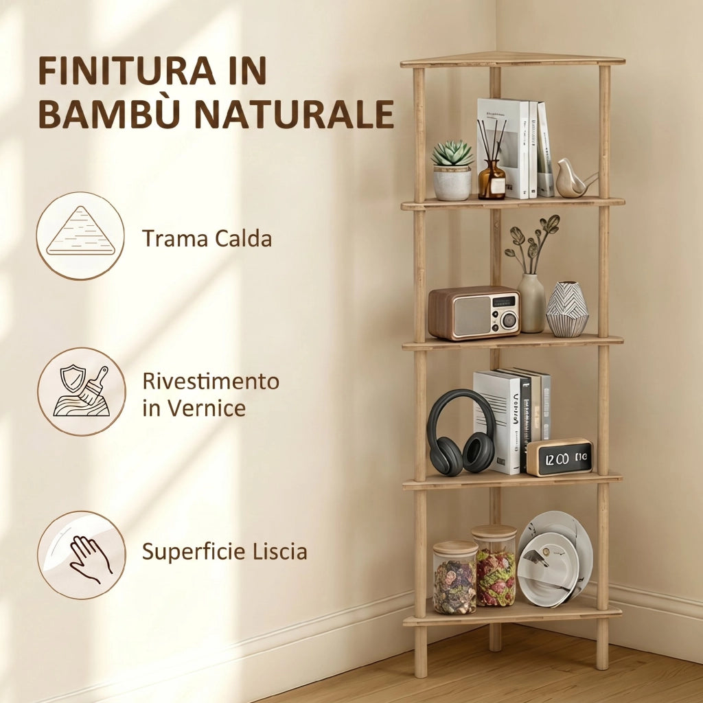 Scaffale Angolare In Bambù A Cinque Ripiani Per Bagno; Camera E Soggiorno