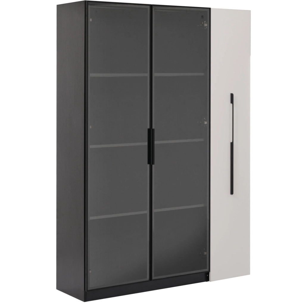 Vetrina 110,5x35x160 cm nera e bianca con LED, anta in vetro e vano scorrevole