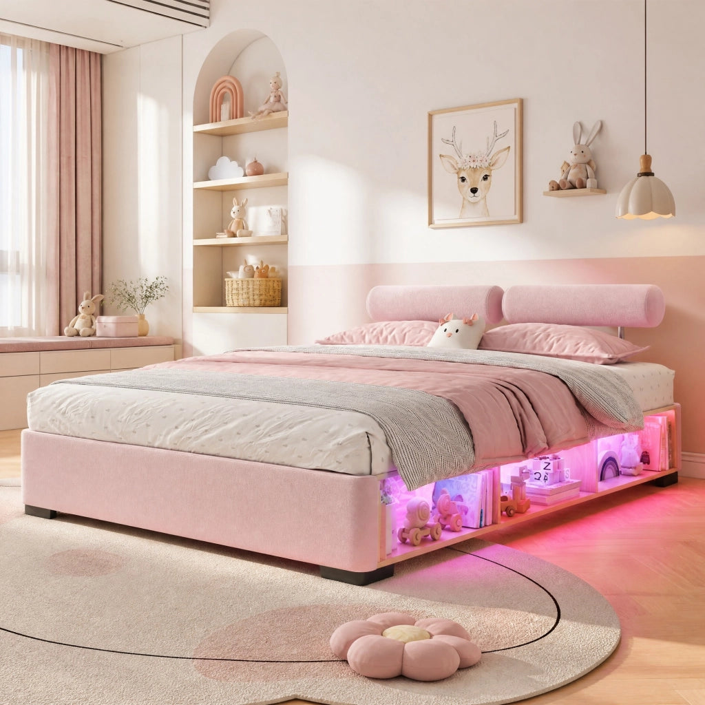 Letto imbottito rosa 140x200 cm per bambini con LED e ripiano laterale