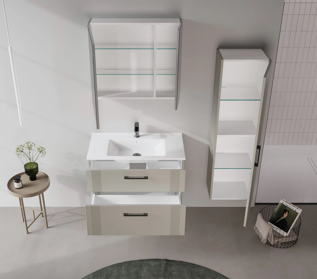 Set mobile lavabo con specchio (2 pezzi) "Bari 85 v2" - 85 x 45 x 55 cm - Cashmere opaco