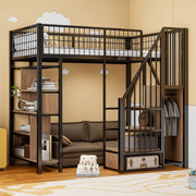 Letto a soppalco 90 × 200 cm con scala contenitore; vano con ripiani; 20 doghe in metallo e legno nero