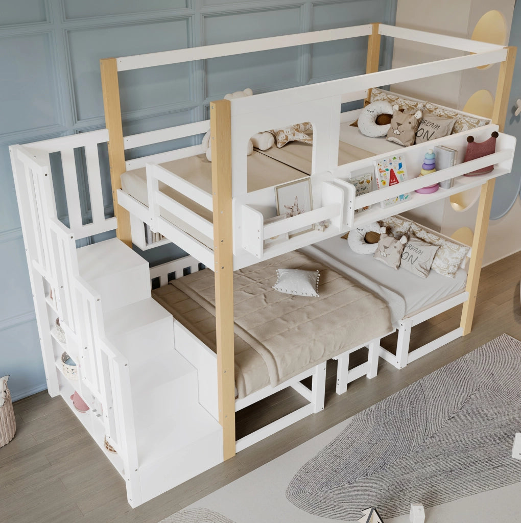 Letto a castello con scrivania regolabile in altezza, scala portaoggetti stabile, legno di pino e MDF, 90x200 cm bianco e naturale