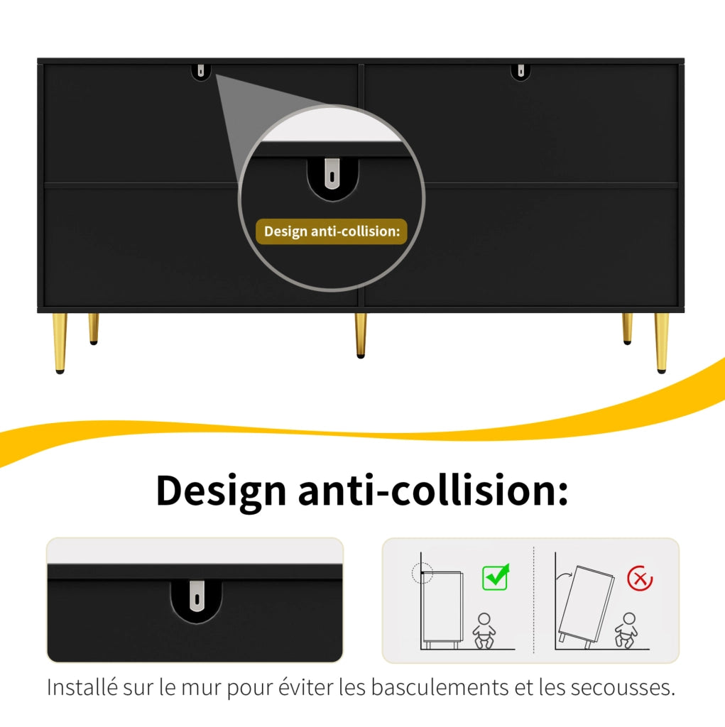 Credenza moderna 152x40x75 cm in MDF nero con frontali ondulati e maniglie dorate