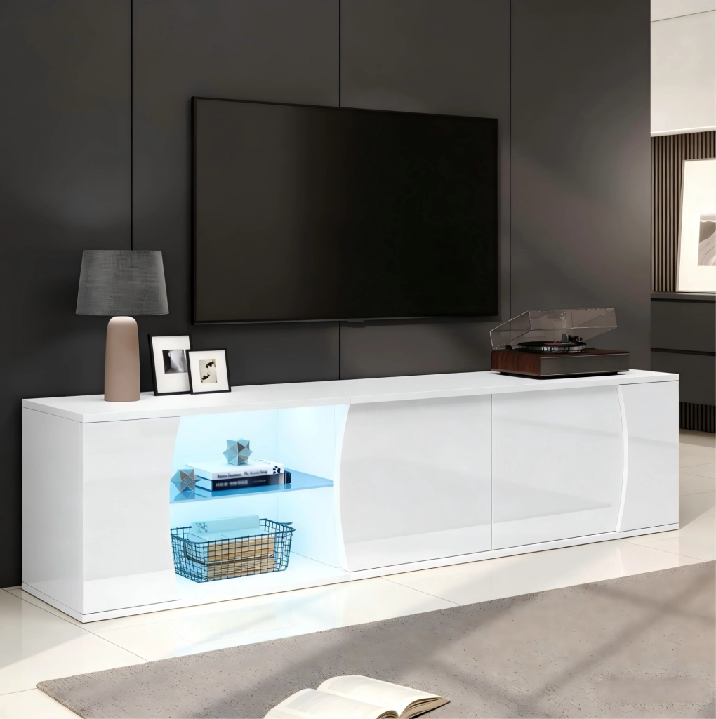Mobile TV bianco lucido 180 cm con LED, 3 ante e ripiani in vetro