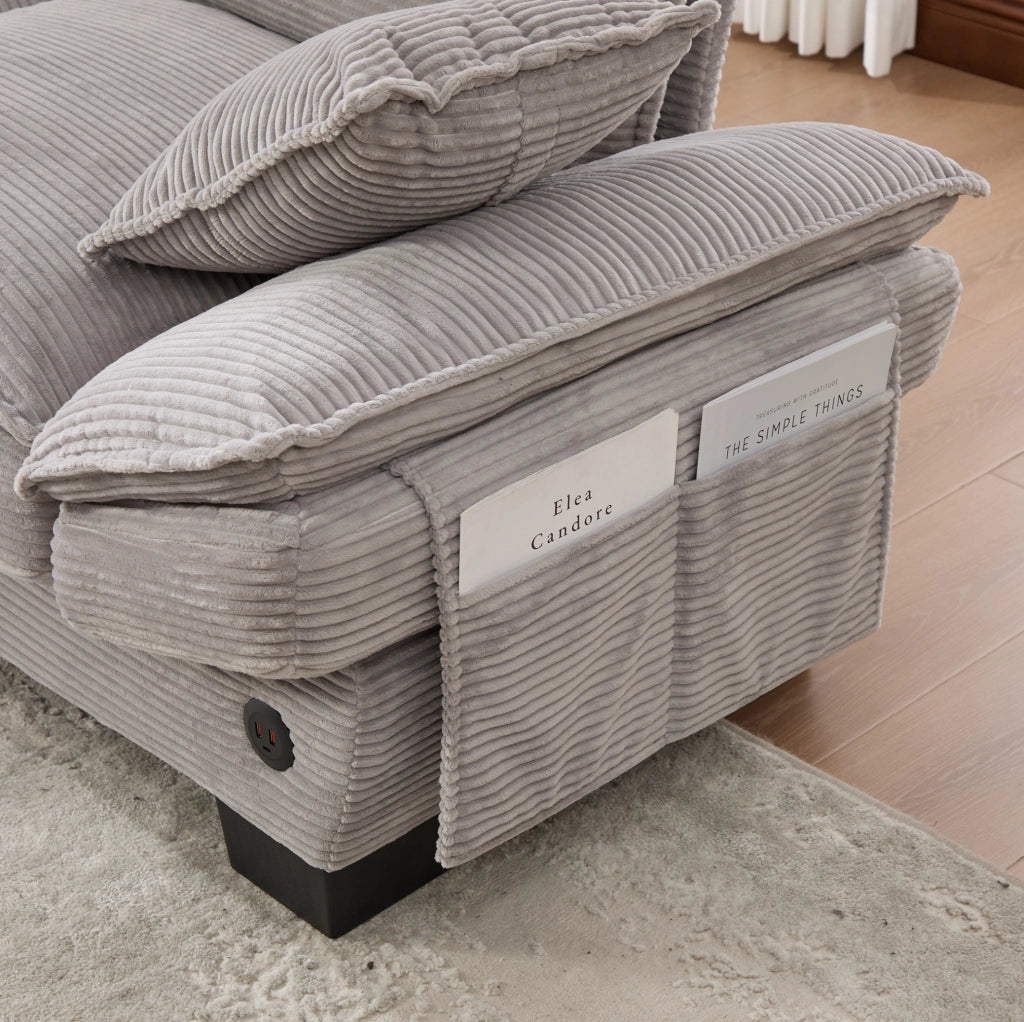 Divano modulare 3 posti con pouf in velluto a coste grigio chiaro