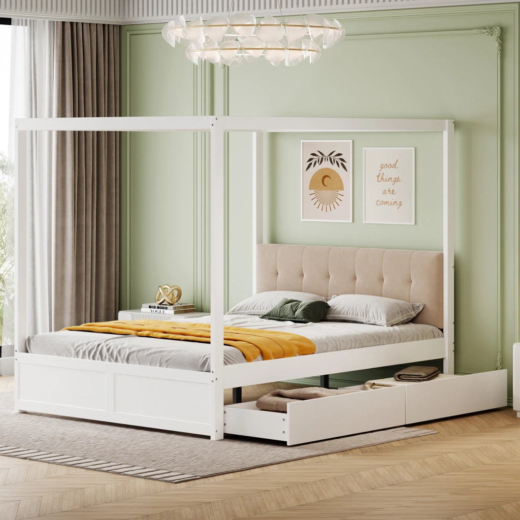 Letto con cassetti 140 × 200 cm con struttura a tenda testiera imbottita in metallo compensato e MDF bianco