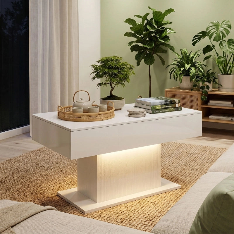 TAVOLO DA CAFFÈ LED con 2 cassetti, bianco lucido