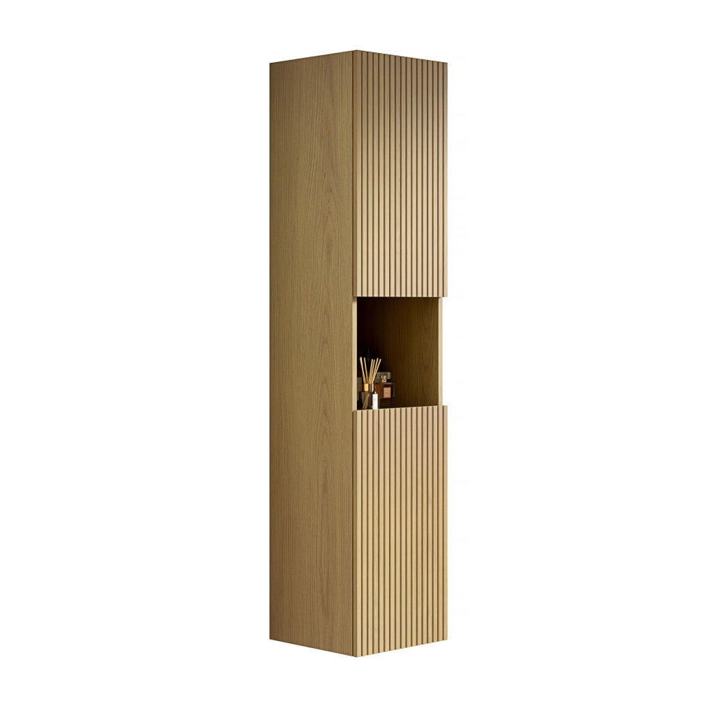 Armadio da bagno a muro alto 160 cm con 2 porte e vano aperto, finitura effetto legno Corolla, ideale per spazi piccoli